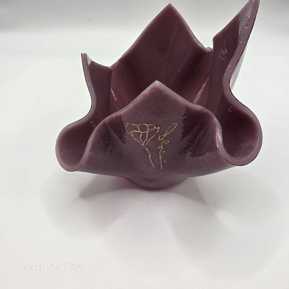 Art Glass Handkerchief Vase Lavender w/Gold Flowers Hand Blown Candle Holder - Picture 3 of 7